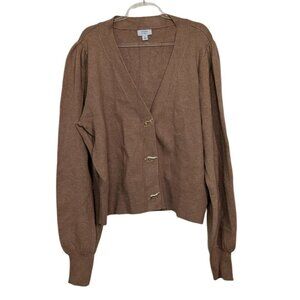 Crown & Ivy Big Cat Gold Buttons Cardigan Womens Size XL Brown V Neck Sweater